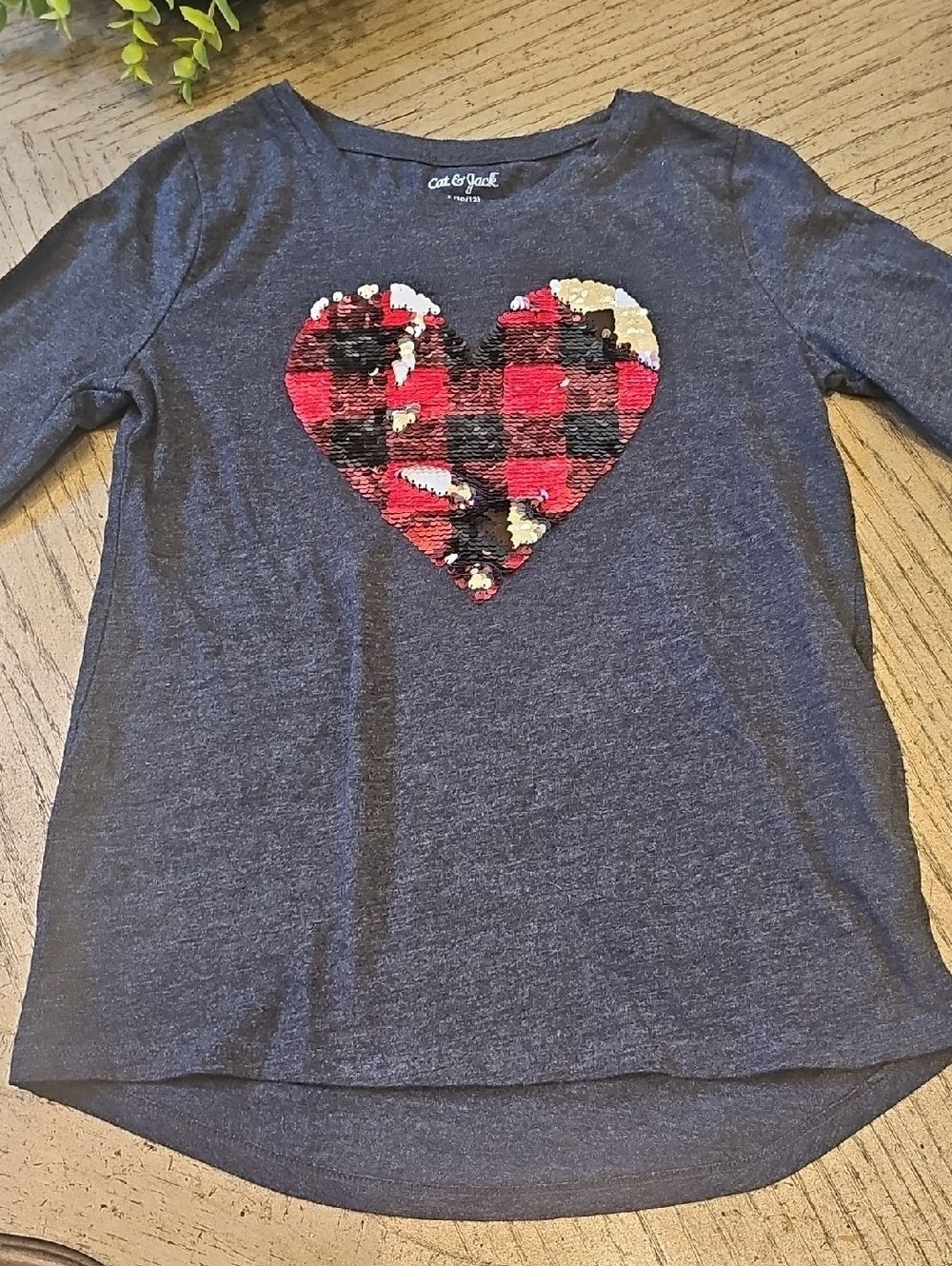 Cat & Jack Long Sleeve Shirt with Red Plaid Sequin Heart Size 10/12